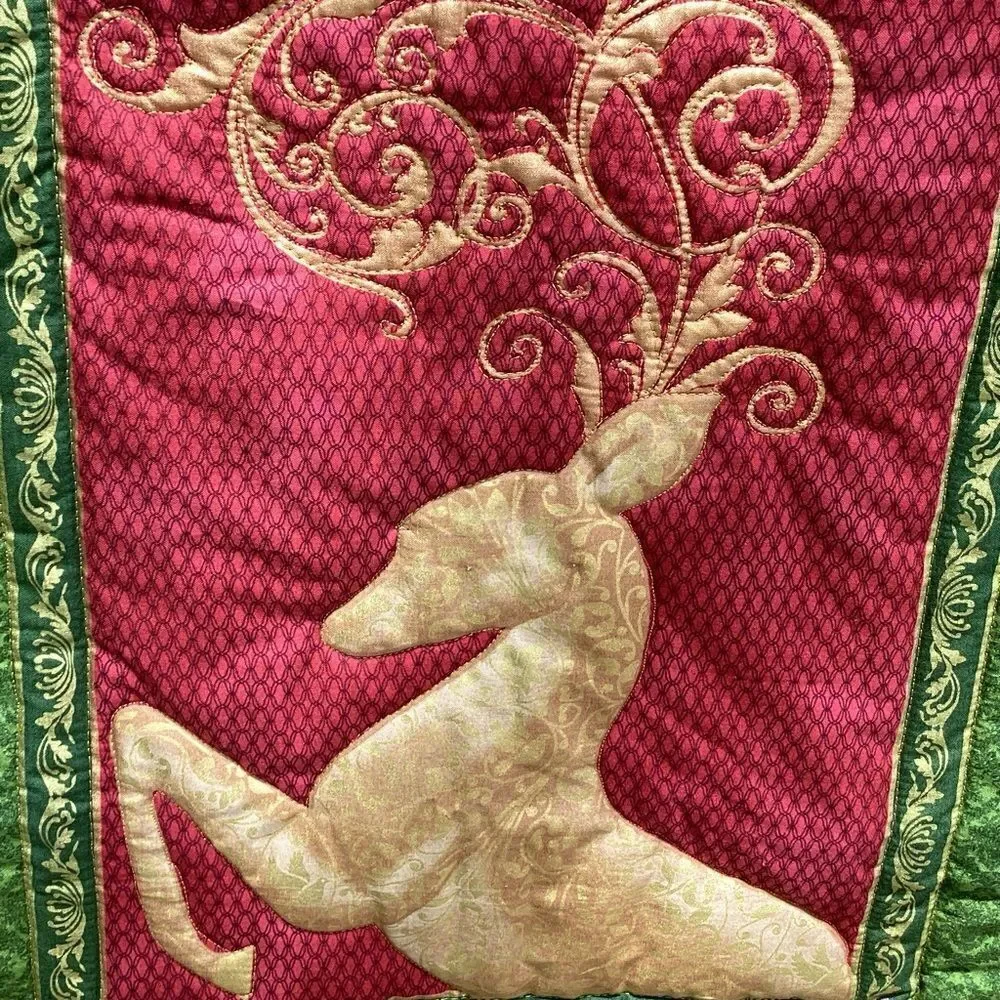 NWT. Hand Crafted Golden Reindeer Lap Quilt/Wall Hanging